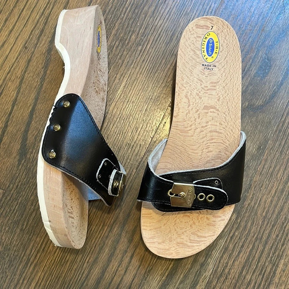 DR SCHOLLS Vintage 1980s black leather wooden The Original Sandal Exercise - Picture 5 of 14